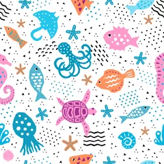 Gordijnen Seaworld seamless pattern of paper cutout marine style memphis design elements. Endless funny cartoon background for kids cloth textile print, childish wallpaper, wrapping. EPS 10 vector illustration  © shevalierart