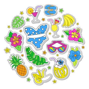 Hawaiian retro patch set. Fashionable pins 80s-90s style. Colorful drawings of fruits, drinks, beach wear, exotic flowers. Round composition of tags. Circle background. EPS 10 vector illustration