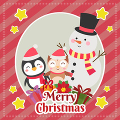 cute template merry christmas card with snowman penguin