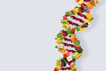 Nutrigenetics concept DNA strand made with healthy fresh vegetables and fruits