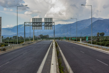 big European Union empty highway in highland environment nature landscape with mountain ridge horizon background view