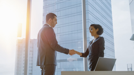 Shot of Confident Businesswoman and Businessman Talking and Negotiating in the Office, Developing Business Solution, Coming to Agreement on a Contract and Shaking Hands. Window with City District View