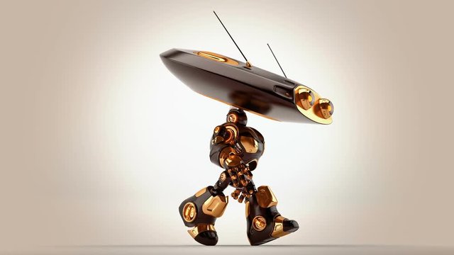 Smart robotic toy with luxury golden elements, turnaround, 3d rendering in walking pose