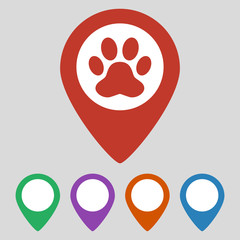 Map pointer with paw print icon on grey background.