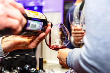 Glass of wine in the hands of the girl at the party