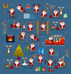 Santa clauses in different poses for Christmas decoration (for postcard, for the site, for banners, for presentations and promotions). Christmas deer in different poses. Great set.