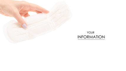 Female hand hygienic pad napkin menstruation pattern on white background isolation