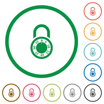 Locked round combination lock flat icons with outlines