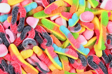Assorted gummy candies. Top view. Jelly  sweets.