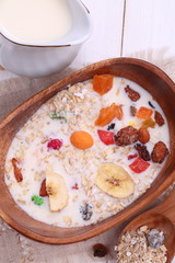 Muesli with milk, fresh berries and nuts.
