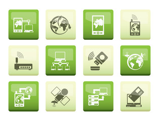 communication, computer and mobile phone icons over color background - vector icon set