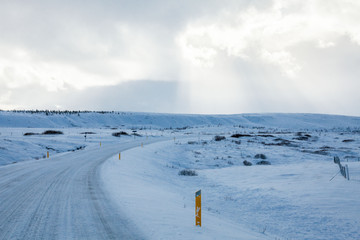 Beautiful and dangerous driving road in winter snow Iceland