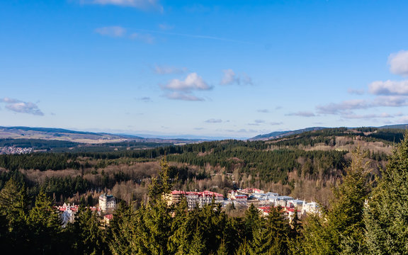 View of forest park from Hamelika tower in Marianske Lazne spa (Marienbad). Famous spa town in the Karlovy Vary Region of the Czech Republic, European union