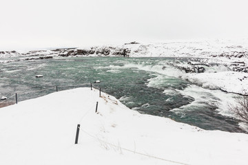 Urridafoss waterfall view during winter which located in the river Pjorsa in southwest Iceland