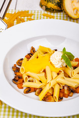 Penne pasta with pumpkin, tofu and mushrooms on white plate. Close up