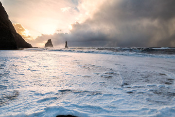 Reynisfjara or better known as Black Sand beach view during sunrise