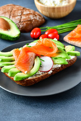 sandwich with avocado and salmon on a dark background, green onions and gluten-free grain bread, radishes and tomatoes, cottage cheese in a wooden plate. concept diet food, vegetarian, copy space