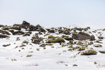 Laufskalavarda view during winter which is a lava ridge, surrounded by stone cairns, between the Holmsa and Skalma Rivers