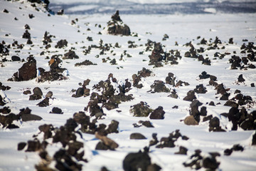 Fototapeta premium Laufskalavarda view during winter which is a lava ridge, surrounded by stone cairns, between the Holmsa and Skalma Rivers