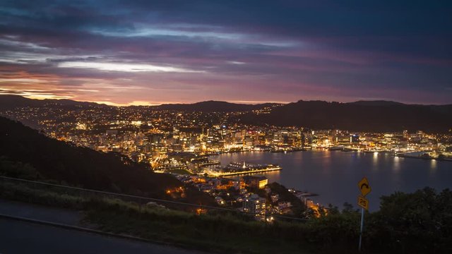 Timelapse of nightfall in Wellington, New Zealand. Beautiful view of the cityscape as it is getting dark.