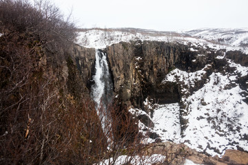 Skaftafell National Park view during winter snow which located in Vatnajokull Iceland that lead to Kristinartindar Mountain and Svartifoss waterfall.