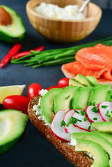 sandwich with avocado and salmon on a dark background, green onions and gluten-free grain bread, radishes and tomatoes, cottage cheese in a wooden plate. concept diet food, vegetarian, copy space