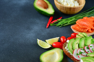 sandwich with avocado and salmon on a dark background, green onions and gluten-free grain bread, radishes and tomatoes, cottage cheese in a wooden plate. concept diet food, vegetarian, copy space