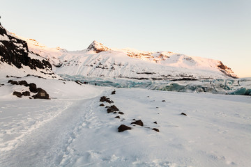 Svinafellsjokull glacier view during winter snow in Iceland