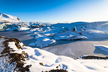 Svinafellsjokull glacier view during winter snow in Iceland