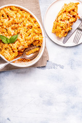 Mac and cheese, pasta baked with cheese sauce.