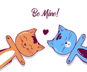 Cute Cats character in love with heart. Isolated on white background. Hand drawn art illustration in cartoon, doodle style for greeting card, poster, banner.T-shirt fabric printing. Red White. for