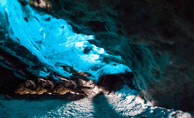 Blue ice cave view during winter in Jokulsarlon, Iceland