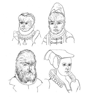 Vintage illustration of a family affected by trichosis, abnormal hair growth, once inhabitants of Amras castle near Innsbruck, Austria