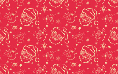 Christmas background, seamless pattern. Santa Claus and snowman with stars on red background. Suitable for all Christmas and New Year holidays. Vector image