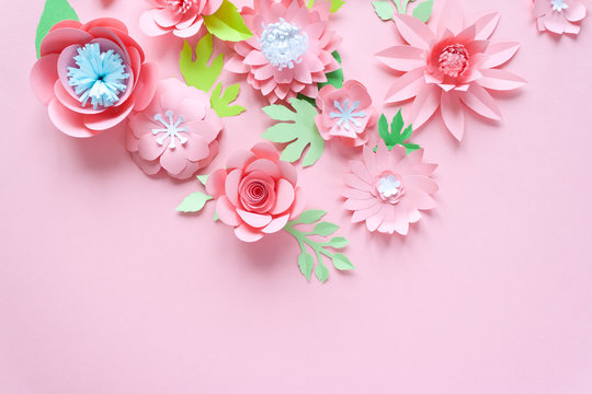 Pink Paper Flowers On The Pink Background