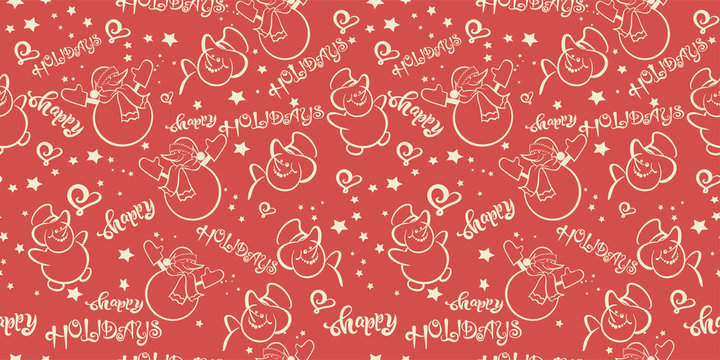 Christmas background, seamless pattern. Snowman and calligraphic text Happy Holidays on red background. Suitable for all Christmas and New Year holidays. Vector image