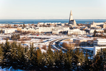 Reykjavik city view of Hallgrimskirkja from Perlan Dome, Iceland