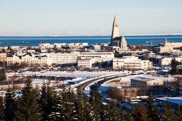 Reykjavik city view of Hallgrimskirkja from Perlan Dome, Iceland