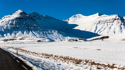 Borgarnes view during winter which is a town located on a peninsula at the shore of Borgarfjordur, Iceland