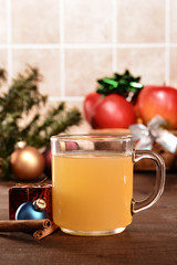 closeup christmas apple cider with fruit