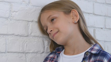 Sad Smile, Stressed Child, Unhappy Kid, Ill Girl in Depression, Mental Disorder 