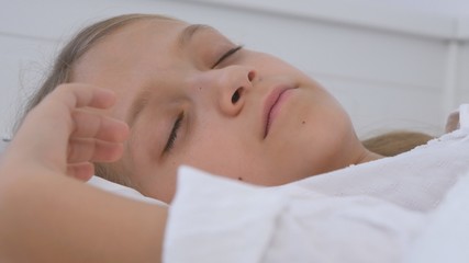 Fototapeta na wymiar Sick Child Sleeping in Bed, Suffering Ill Kid Resting in Hospital, Medicine Pill