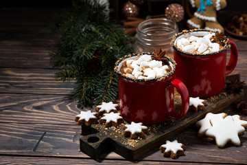 cozy winter drink hot chocolate on a wooden table