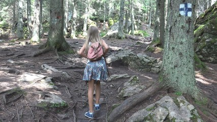 Child Walking in Forest, Kid Hiking Mountains, Girl Playing in Camping Adventure