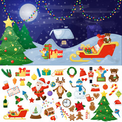 Christmas fir tree with decoration on dark snowy background vector illustration. Santa sleigh with gifts on snow.