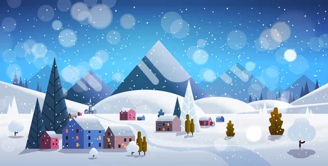 Poster winter dorp huizen bergen heuvels landschap sneeuwval achtergrond horizontale platte vectorillustratie © mast3r