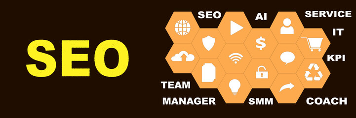 SEO Panoramic Hi tech banner with hexagons icons and tags