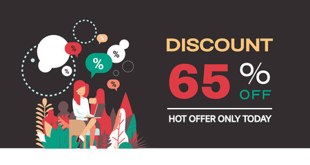 Fototapeta premium woman with laptop buying online e-shopping black friday concept special holiday offer discount hot price flat horizontal vector illustration