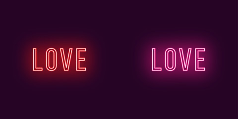 Inscription of Love in neon style. Vector Text