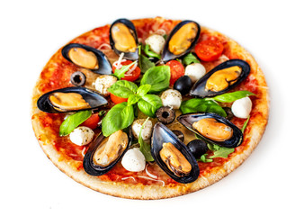 Seafood Pizza. Delisious Pissa with Mussels, tomatoes, cheese and basil leaf isolated on white background. Top view.